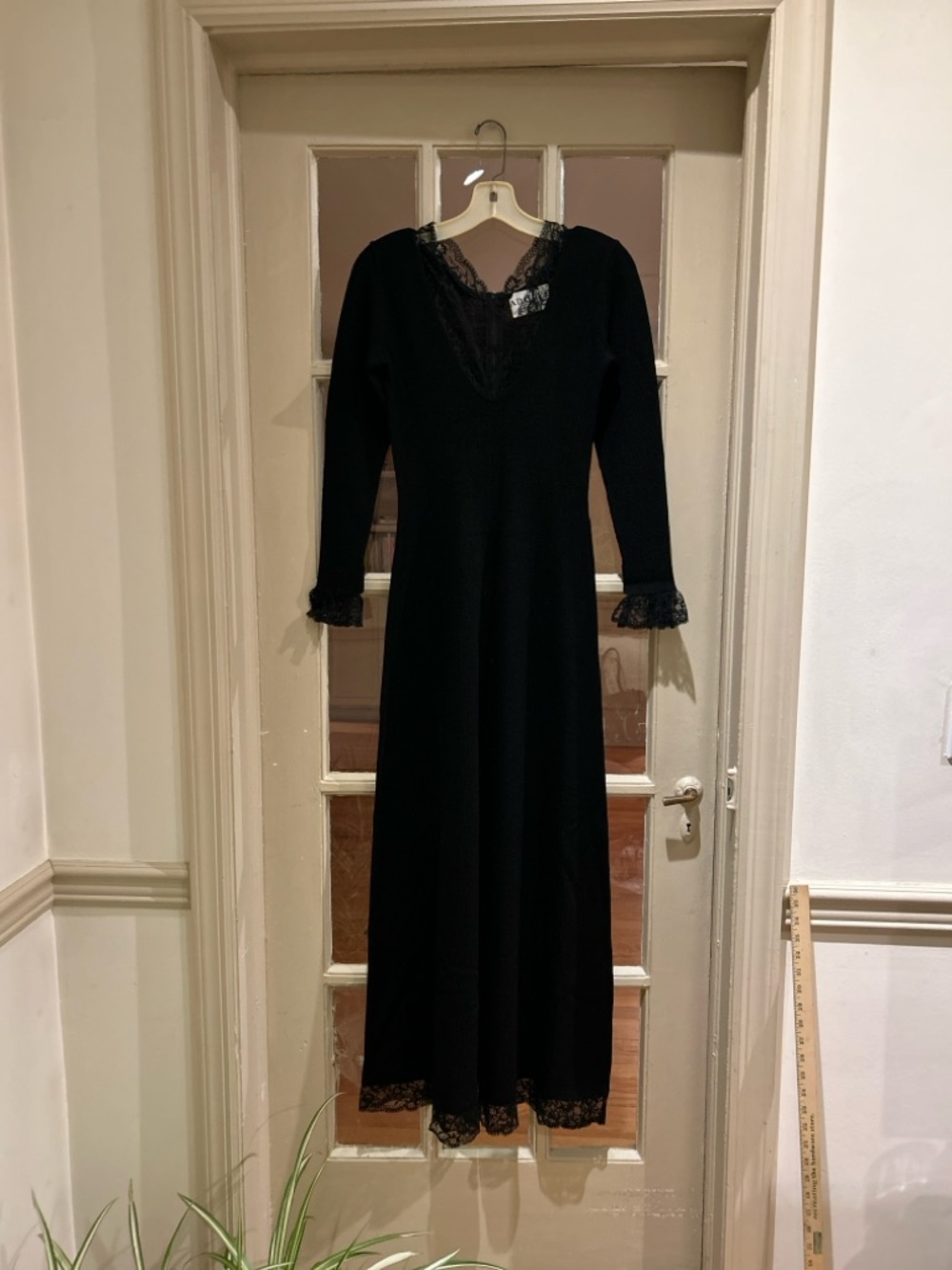 Adolfo Black Lace-Trim Long Sleeve Maxi